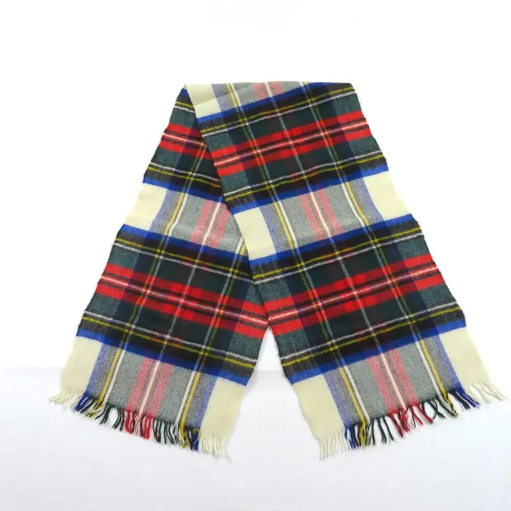 Vintage Wool Plaid Ivory Green Blue Black Yellow Red Scarf With Fringe 50x11.5